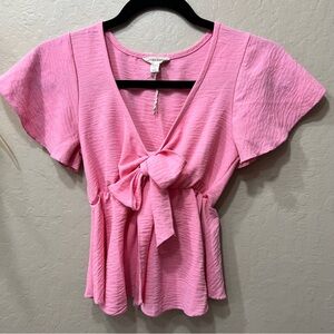 See You Monday Pink Blouse with Bow Accent